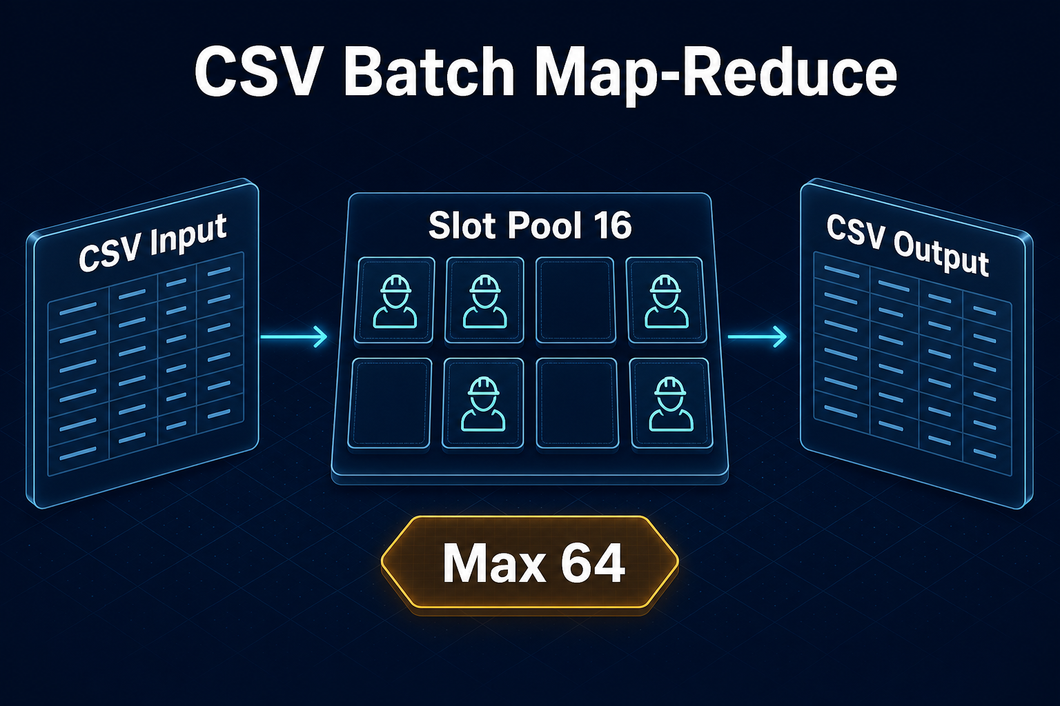 CSV 批处理 Map-Reduce:CSV → Slot Pool → Workers → Output