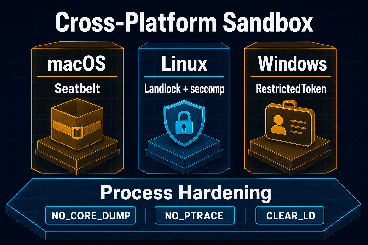 跨平台沙箱架构：macOS Seatbelt / Linux Landlock+seccomp / Windows RestrictedToken
