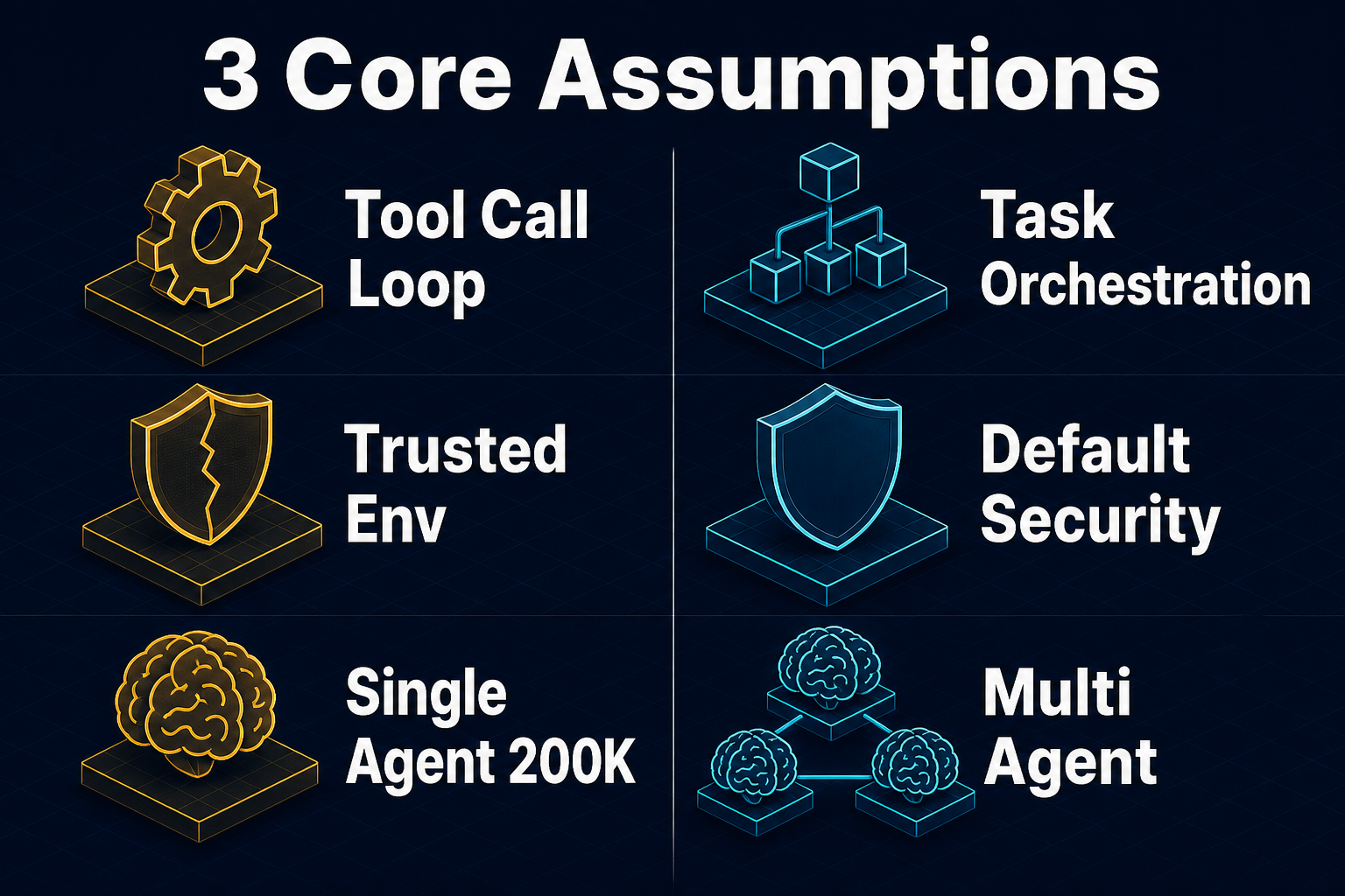 3 个核心假设:Tool Loop vs Orchestration / Trusted vs Default Security / Single vs Multi Agent